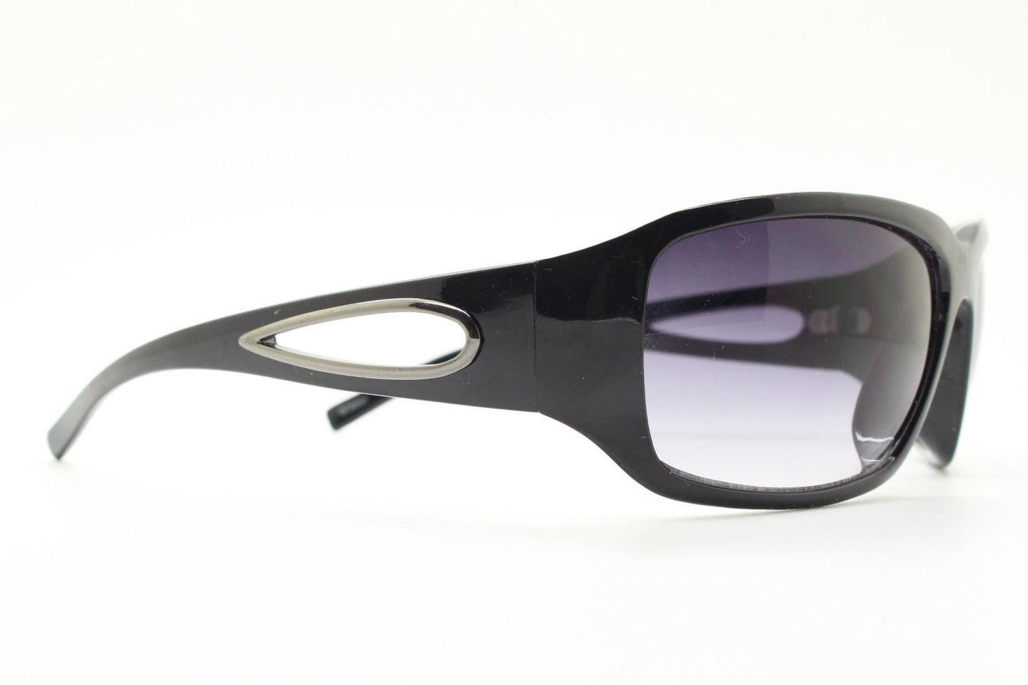 Y2k vintage wrap around bug eye sunglasses. Substantial curved black shield frame with arm holes. Modified 60s biker design. 2000's NOS