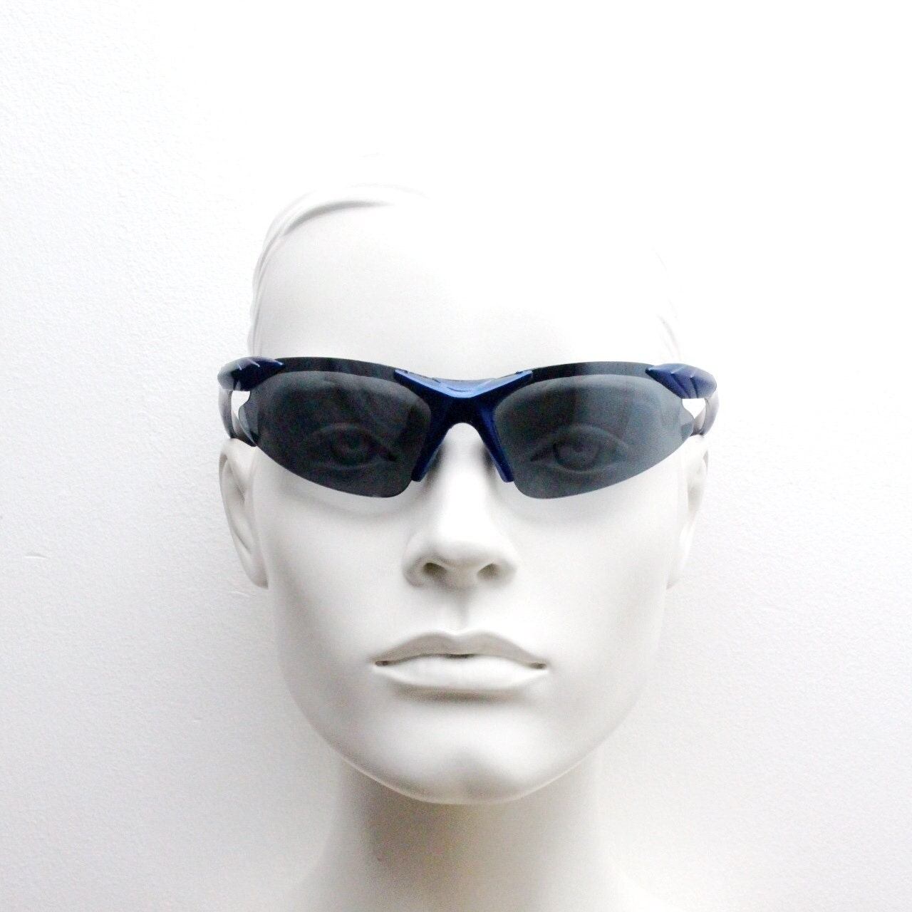 2000s vintage visor sunglasses. Blue half frame wrap around sports shield with pointed lenses. Mini mask. Cycling. Y2K. NOS