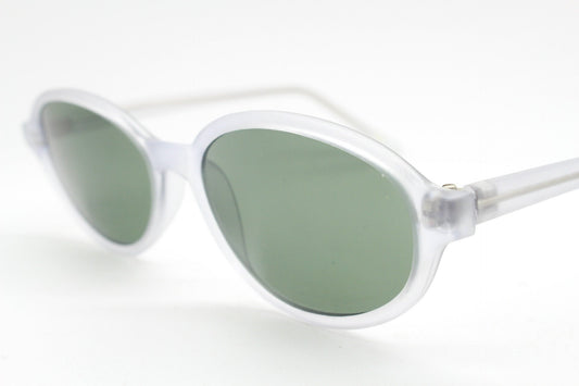 Vintage 90s futuristic oval sunglasses. Frosted transparent frame cat eye with dark green lenses. Unused NOS