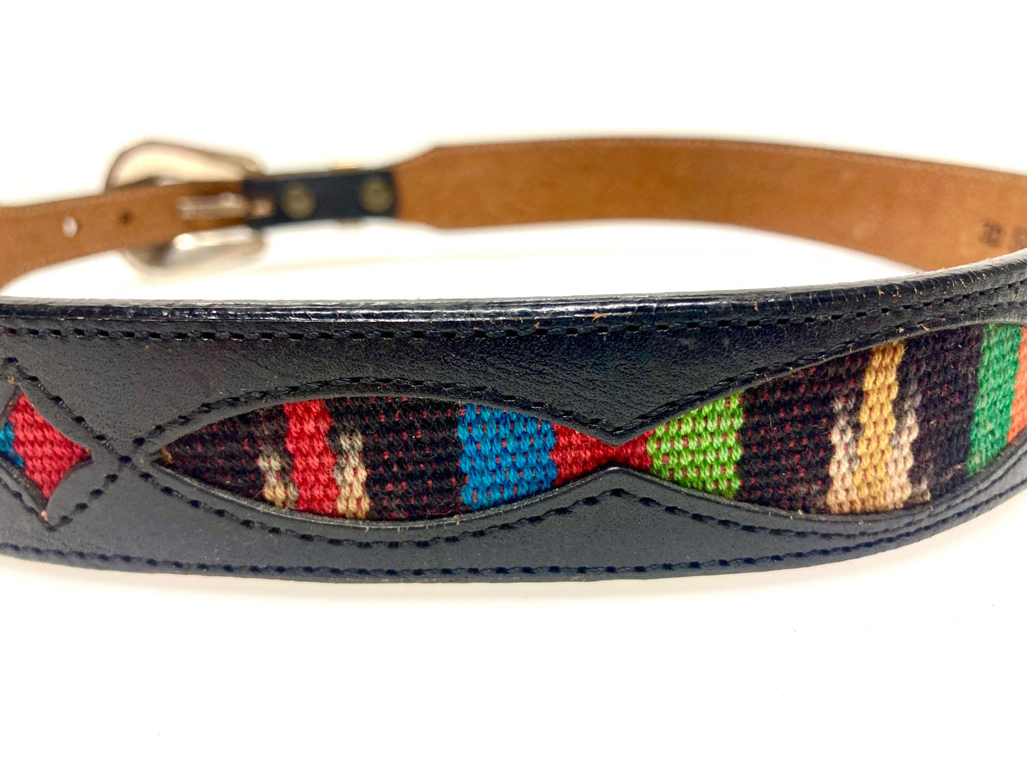 Leegin 80s vintage Silver Creek Collection Native American belt. Leather cutout overlay on tapestry backing. Changeable buckle. USA made NOS