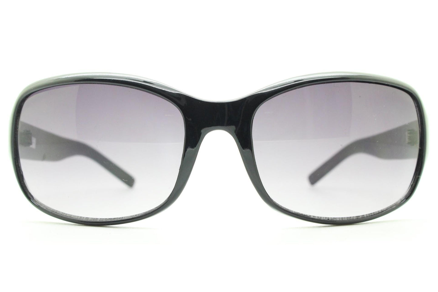Y2k vintage wrap around rectangular sunglasses. Curved black gloss frame with graduating grey lenses. 2000's bug eye. NOS