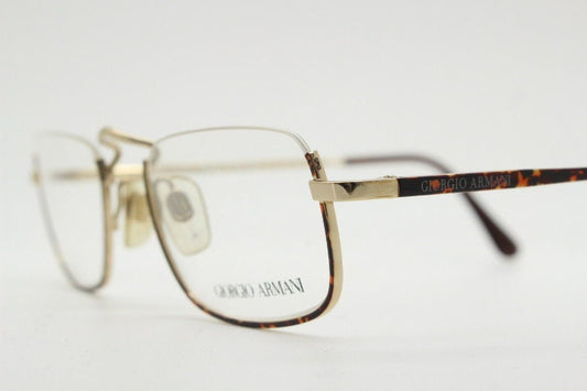 Giorgio Armani rectangular eye glasses made in Italy. Half frame underwire with metallic tortoise enamel. Prescription optical eyeglasses RX