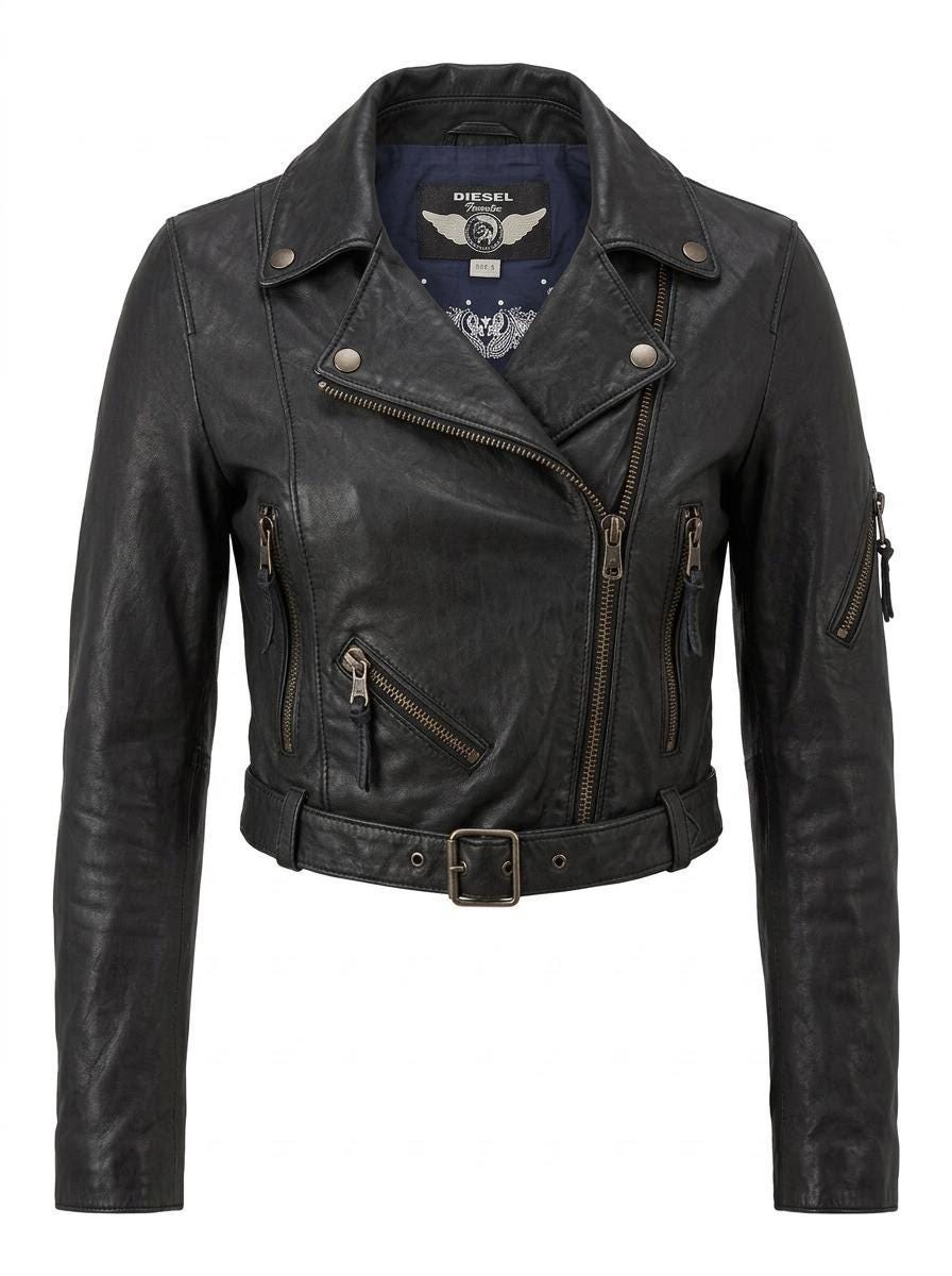 Diesel black fitted womens motorcycle jacket. Genuine leather cropped biker design with fixed adjustable belt. Over 30% sale rrp 469 GBP