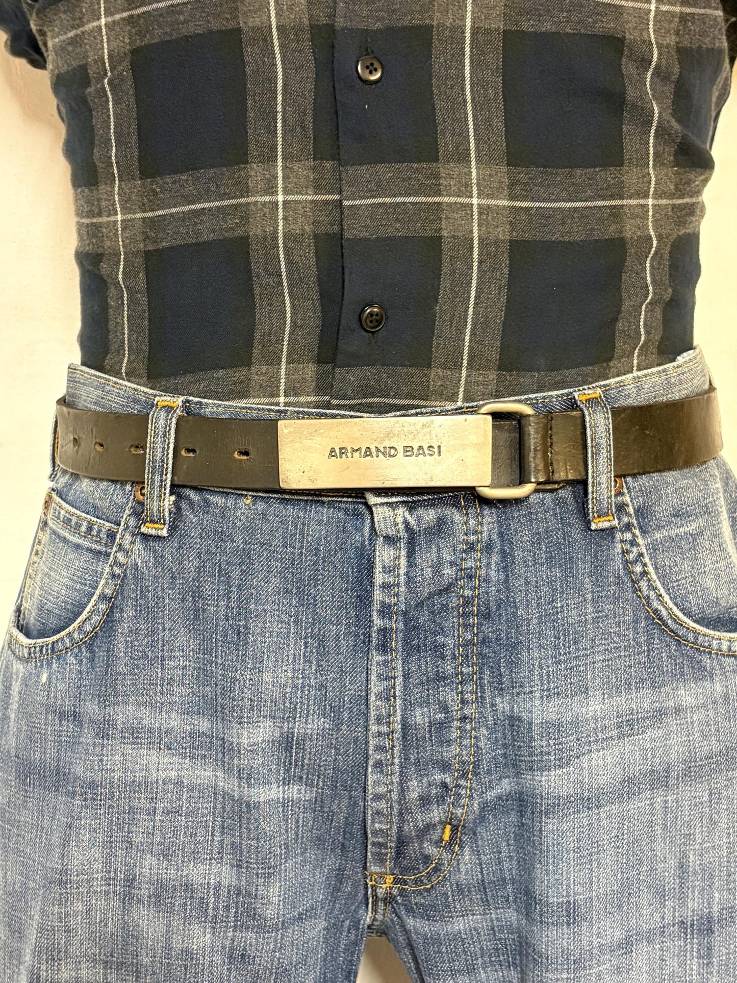 Armand Basi 90s vintage thick black genuine leather belt with distressed wide rectangular metal logo buckle. Single piece cowhide. Mens