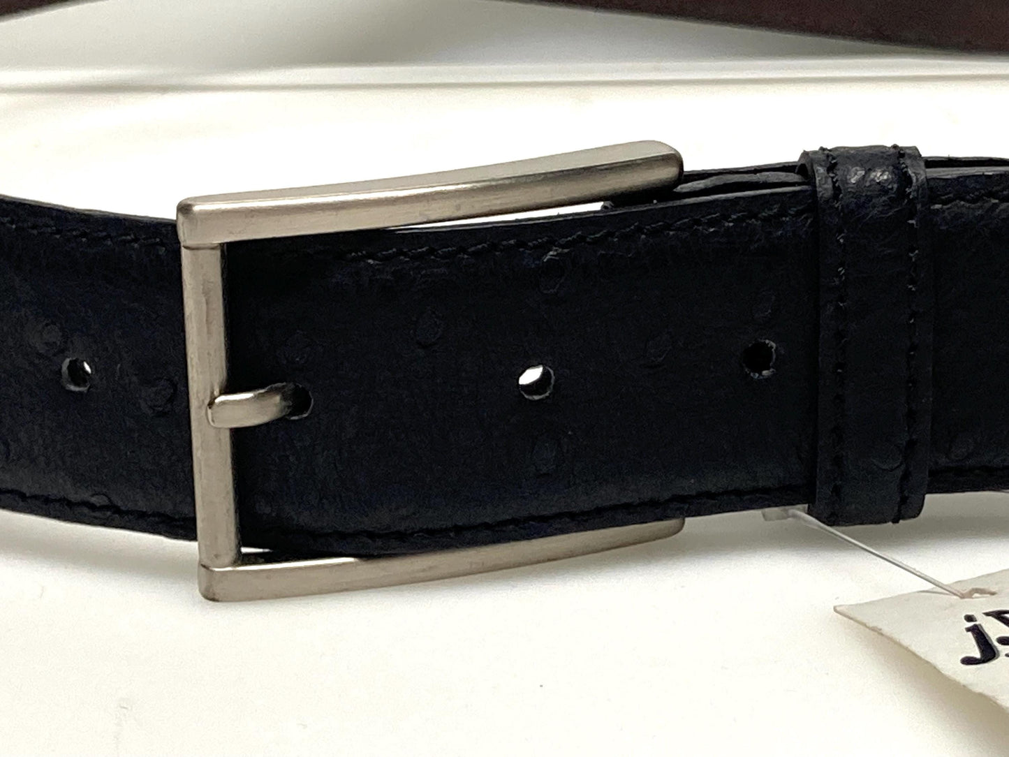 90s vintage black genuine leather belt made in Italy by Joseph Di Pino. Tooled finish made to look like Ostrich. NOS. Mens Large