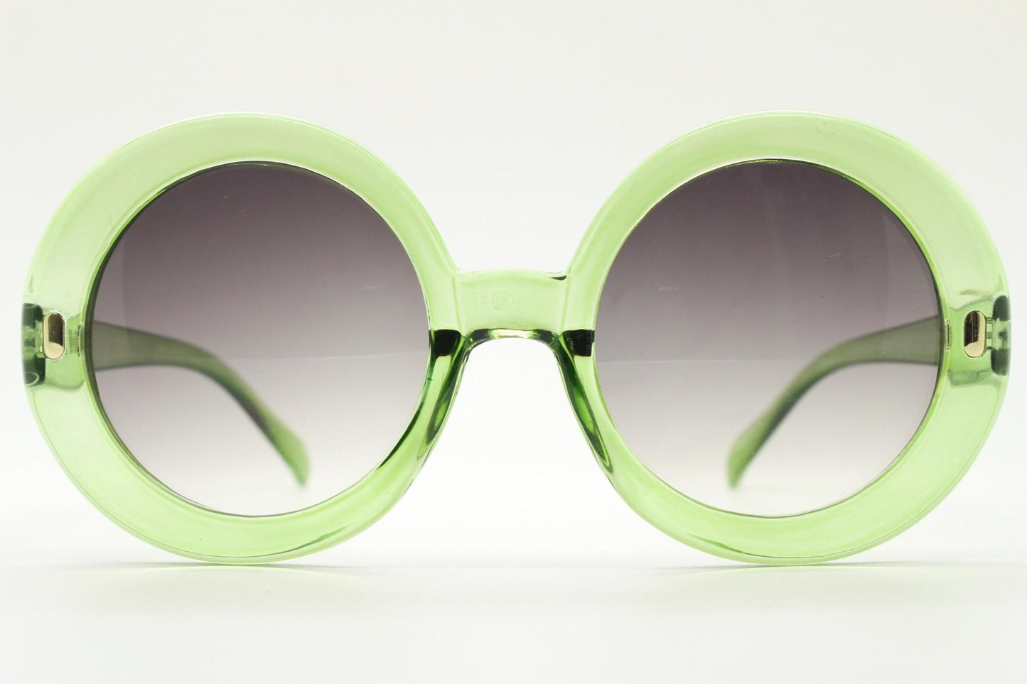 Y2k vintage oversized round green sunglasses. Women's big 60s mod design transparent frame with smoky black gradient lenses. Unused BNWT