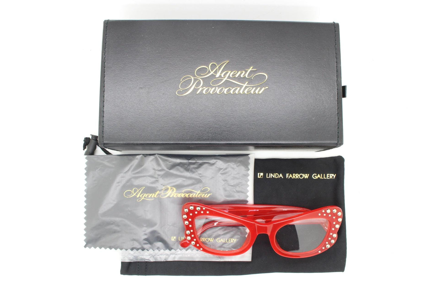 Agent Provocateur cat eye glasses made in Japan  Linda Farrow. Studded red optical frame. Luxe Gallery Projects. Vintage. NOS Full Set
