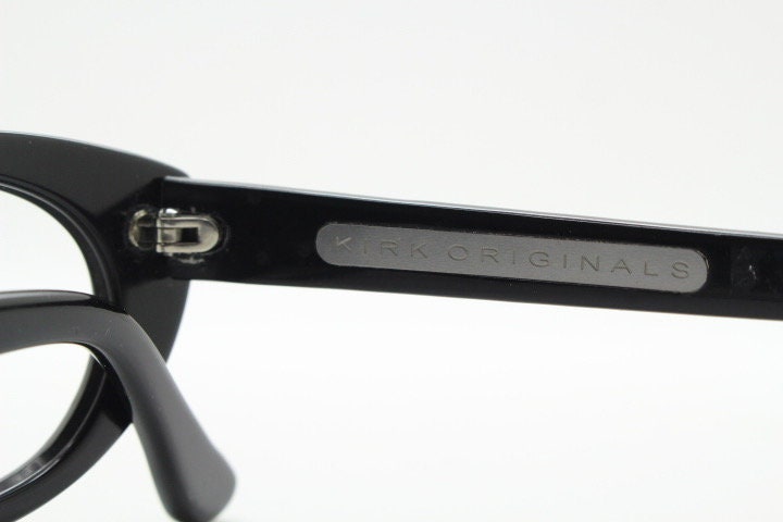 Kirk Originals cat eye glasses. Womens small black gloss acetate optical frames. Prescription RX eyeglasses. NOS. Rockabilly pin up