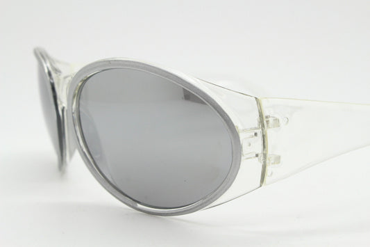 90s vintage futuristic oversized bug eye sunglasses. Dynamic transparent clear wrap around sporty shield frame. 2000s goggle Y2K. Unused NOS