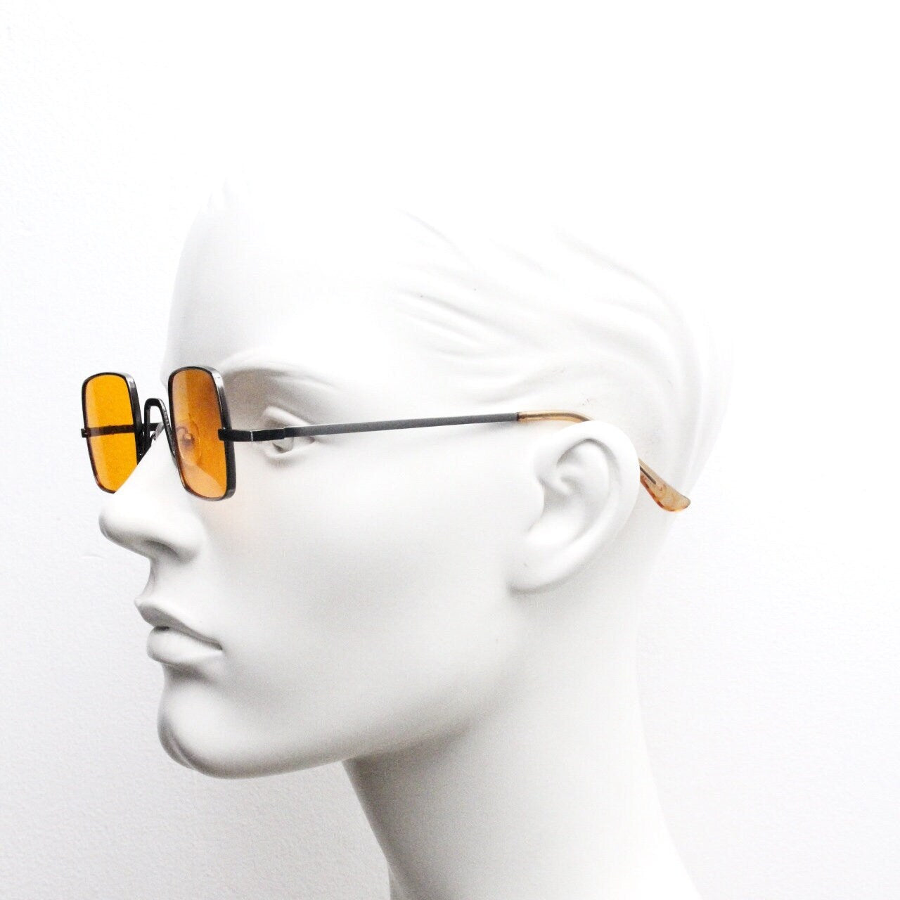 90s vintage small square sunglasses. Imposing minimal bronze brown metal Victorian style frame with blazing orange lenses. Steampunk. NOS