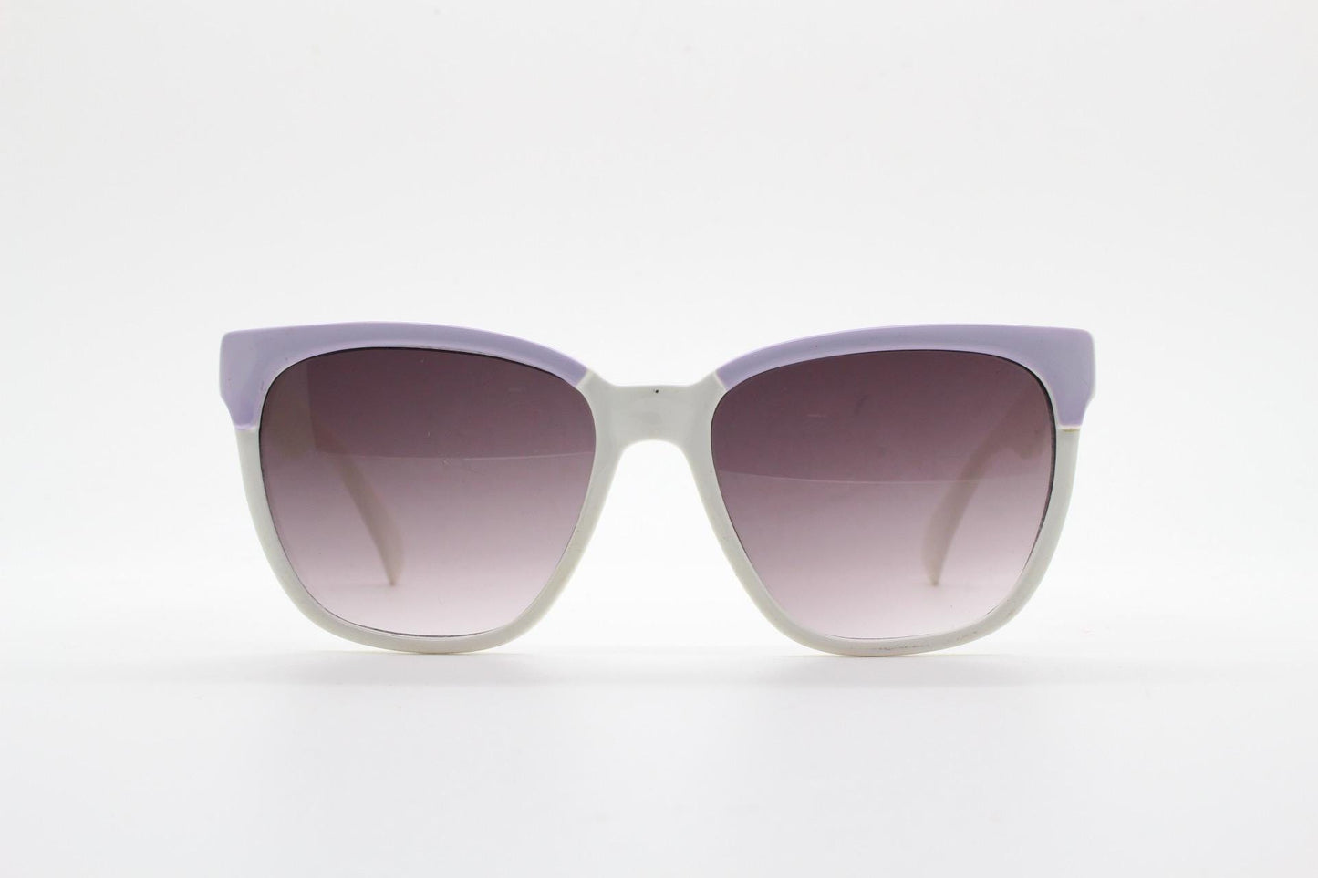 80s vintage square cat eye sunglasses. Women's ice white frame with lilac brows and smoky purple lenses. Rockabilly pin up cateye. NOS