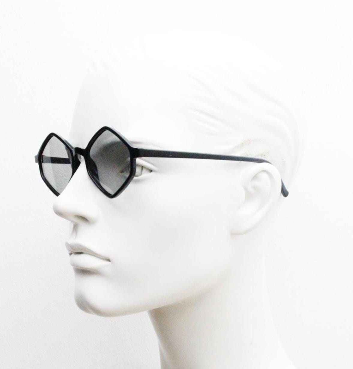 90s vintage diamond hexagon sunglasses. Atmospheric 6 sided black gloss frame with extra light tone lenses. Unused BNWT