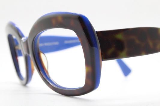Traction Productions thick oversized eye glasses made in France. Substantial blue and  tortoise acetate optical frame. Prescription. Vintage