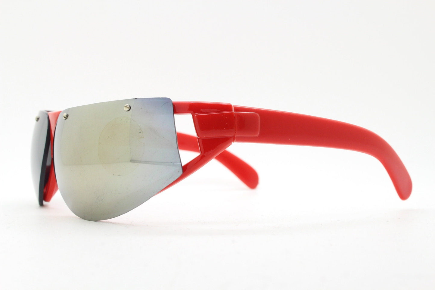 90s vintage visor shield sunglasses. Half frame wrap around in bright red with gold sunburst mirror lenses. Bug eye mask. 2000's. Y2K. NOS