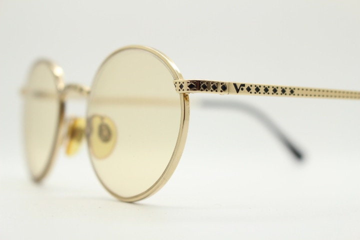 Vogue women's round eye glasses made in Italy. Gold chrome panto optical frame with indented diamond patterns. Prescription RX spectacles