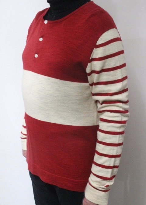 YMC vintage knit jumper in red and white stripes. Mens 3 button round neck sweater. BNWT. Designer pullover. One off NOS sample. Breton
