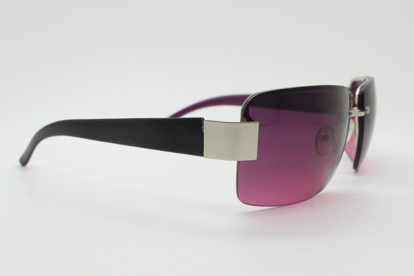 Y2K vintage big rectangle visor sunglasses. Half frame 2000's chrome trim wrap around with lethal purple curved lenses. 00's