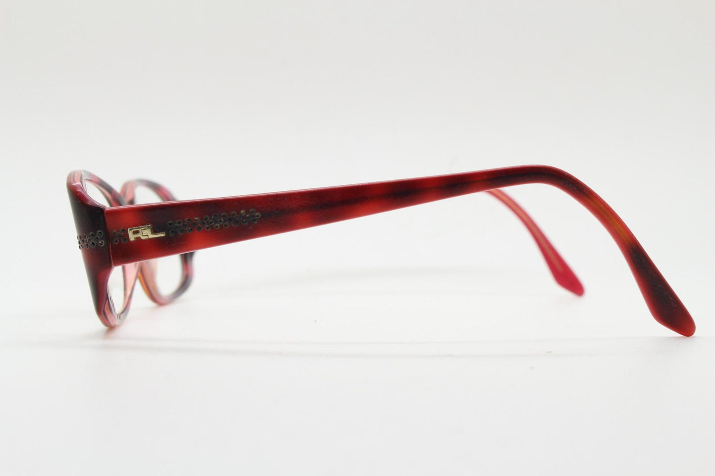 Ralph Lauren rectangular eye glasses made in Italy. Black and dark red acetate optical frame and dark diamantes. Vintage Y2K RX spectacles