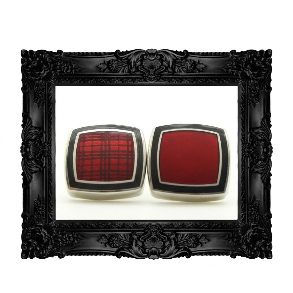 Burberry vintage square cuff links made in England. Solid metal with red enamel. Signature check on one side, plain on the other. NOS