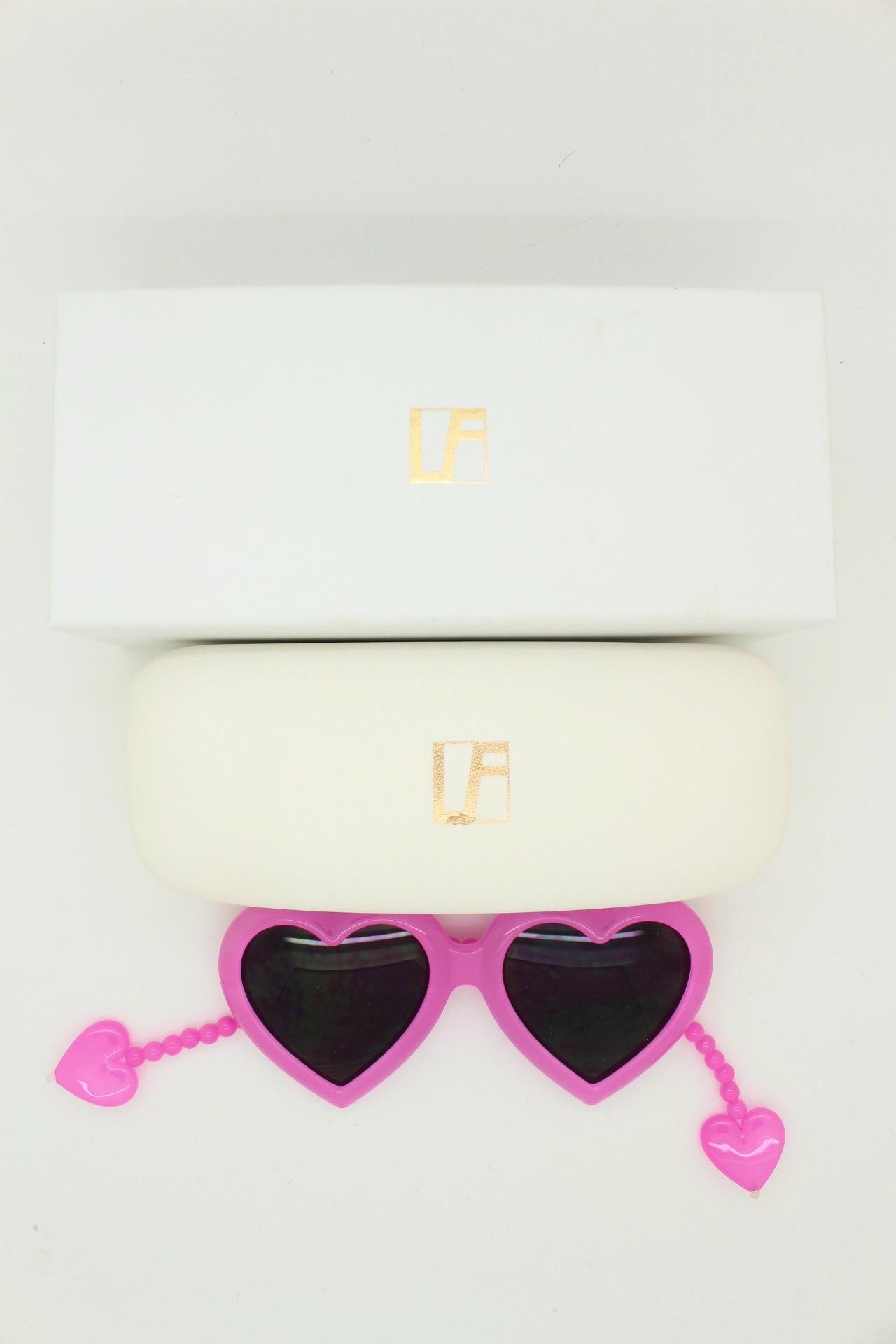 Jeremy Scott heart sunglasses made by Linda Farrow. Candy pink frame with awesome bead chain arms. Collectors grail. Vintage. NOS Full set