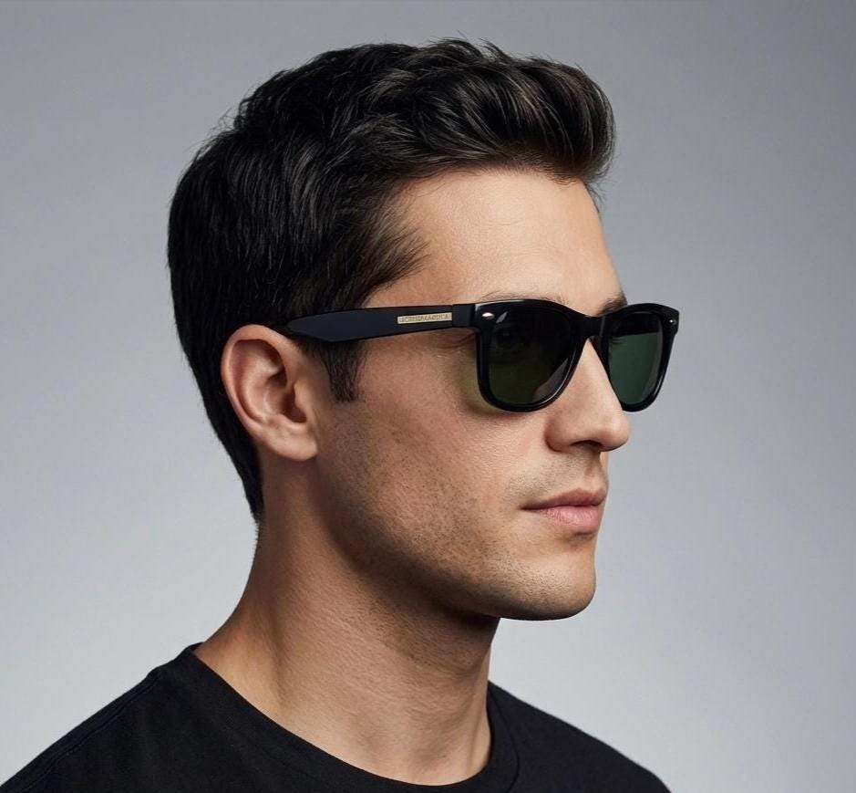 BCBG Max Azria vintage wayfarer design sunglasses. All time classic horn rim format in plain black gloss frame with green lenses.