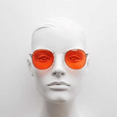 90s vintage round metal sunglasses, 60s style gold frame with blazing red lenses. Unused. Unused NOS Panto