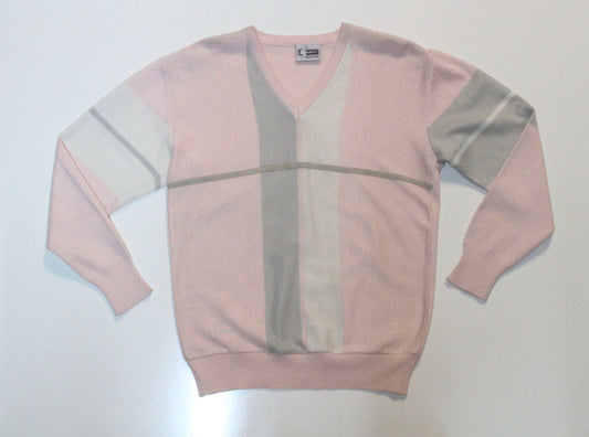 Gabicci vintage knit jumper in Pink and white made in Italy. Authentic original block pattern mens sweater. V neck size M pullover