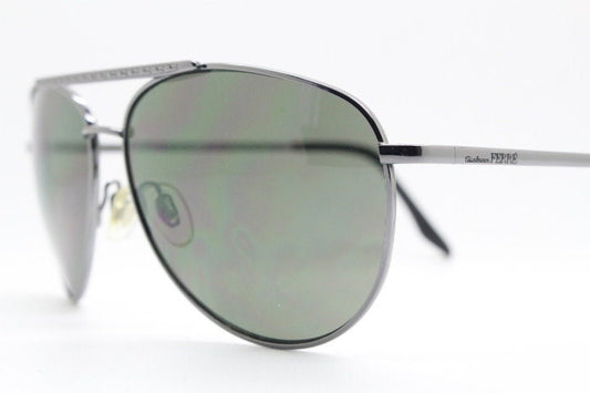 Gianfranco Ferre vintage aviator sunglasses made in Italy. Gunmetal grey chrome frame with green lenses. Mens aviators. Y2K New Old Stock