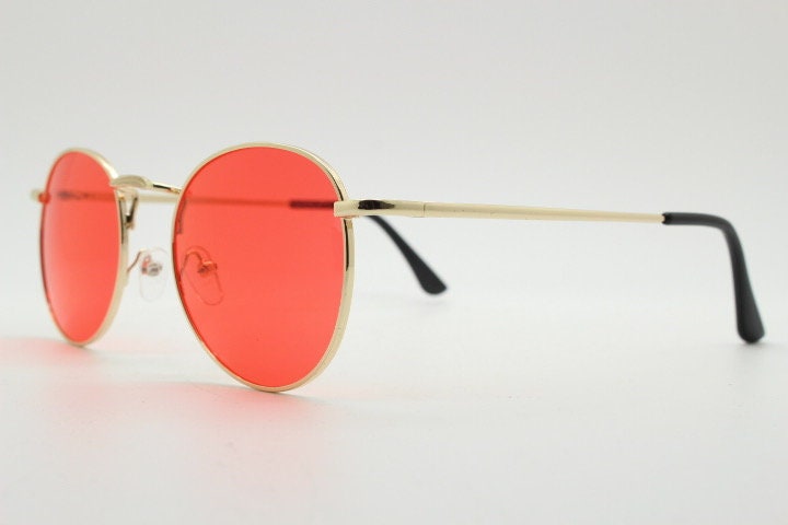 90s vintage round metal sunglasses, 60s style gold frame with blazing red lenses. Unused. Unused NOS Panto