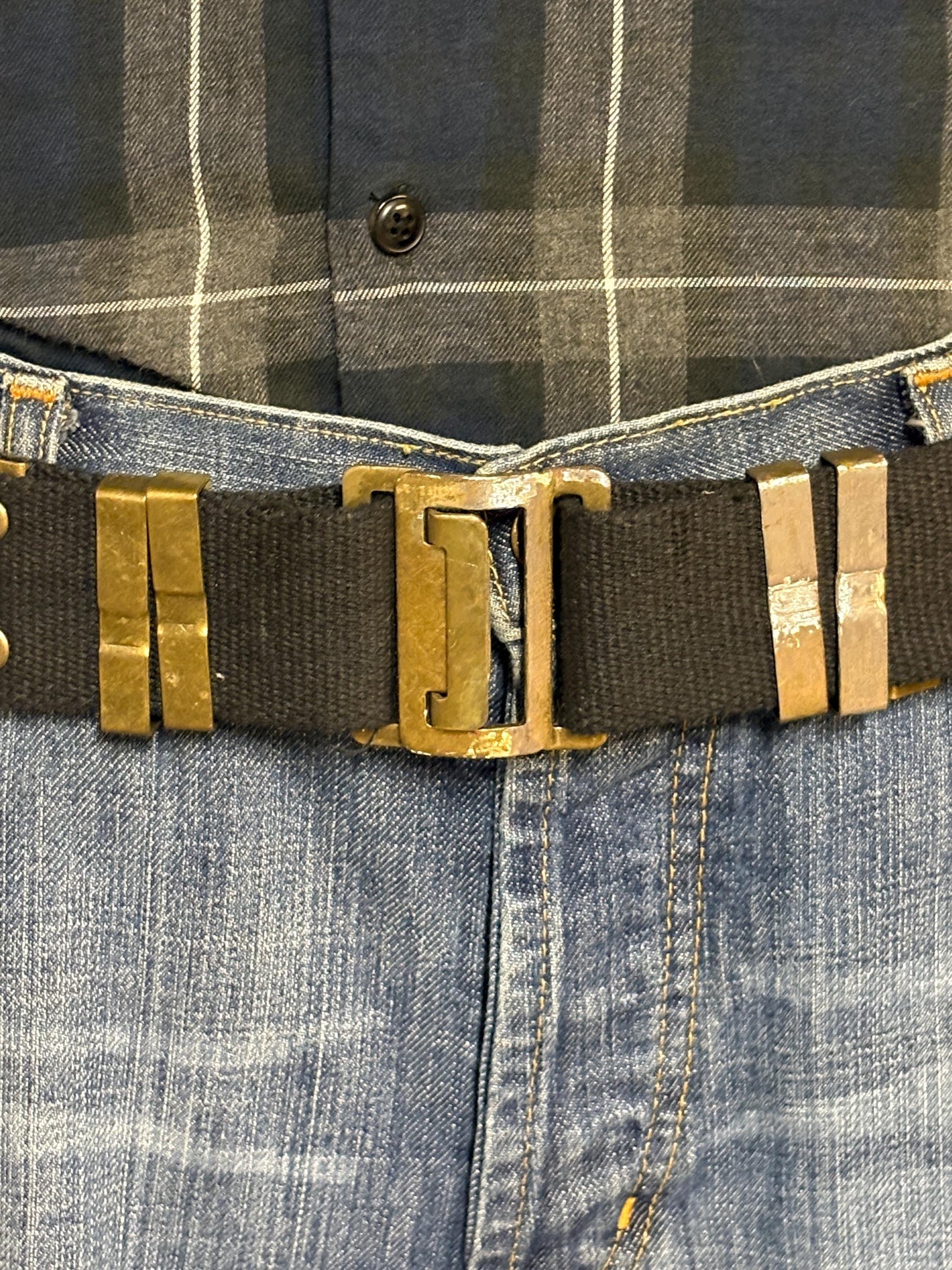 90s vintage army webbing bullet belt. Thick black canvas with distressed metal hardware. Fully adjustable. Bullets incl. Hunting. Webbing