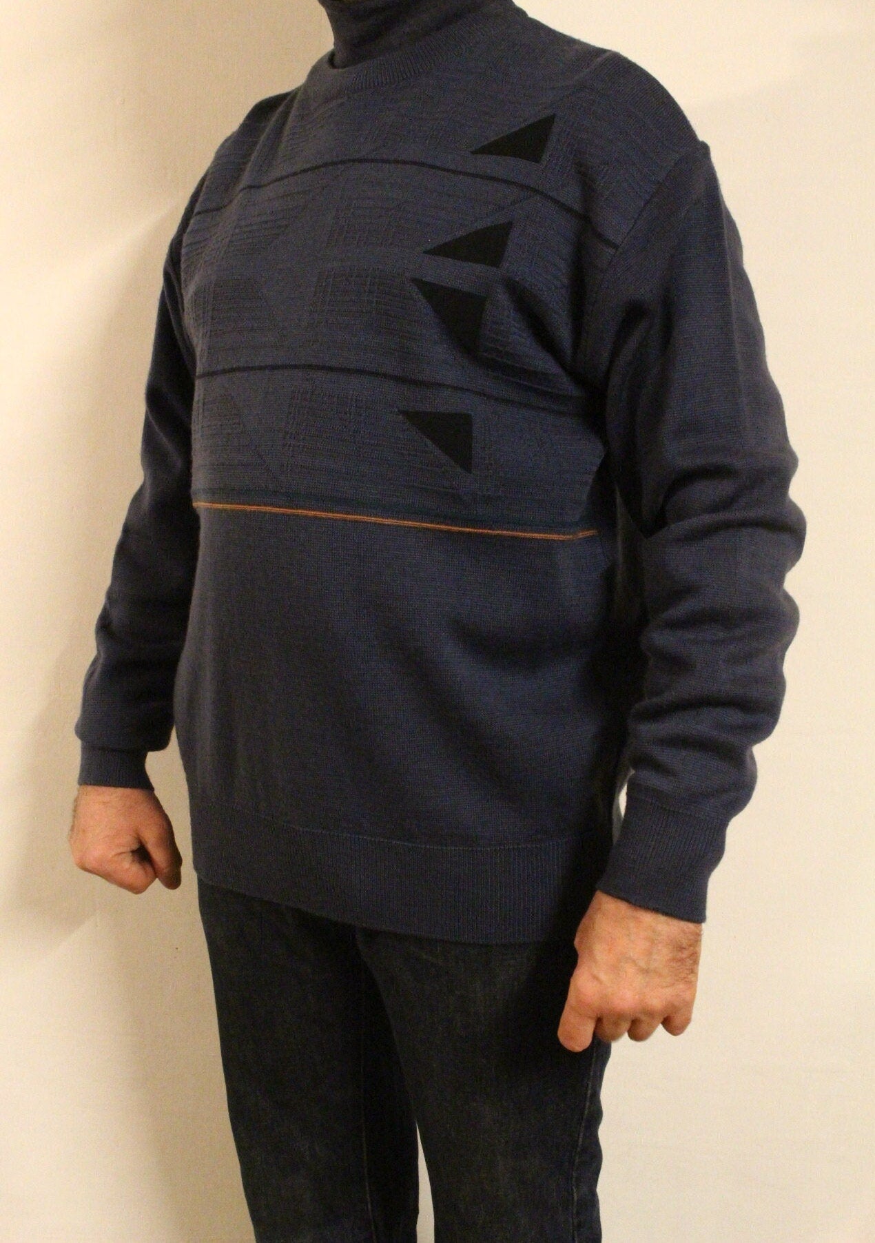 Gabicci vintage knit jumper with block pattern. Blue crew neck sweater. BNWT size L. 80s. One off sample pullover. Clearance - RRP 80 GBP