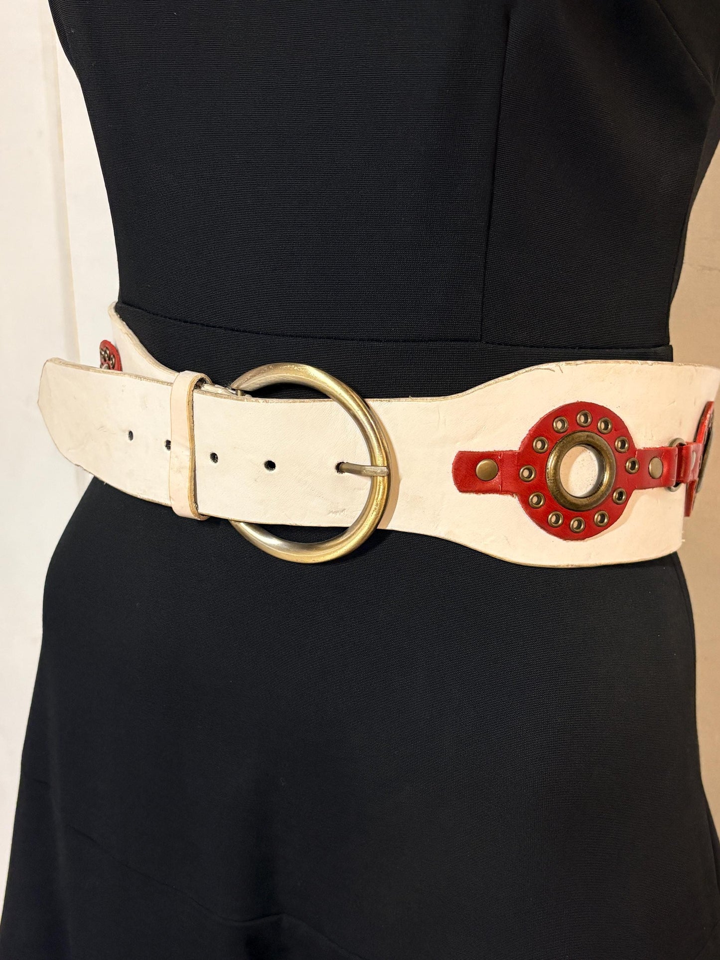 Y2K vintage womens white dress belt with red 'telephone dial' circles applique. Genuine 2000s with brass trims and buckle. NOS