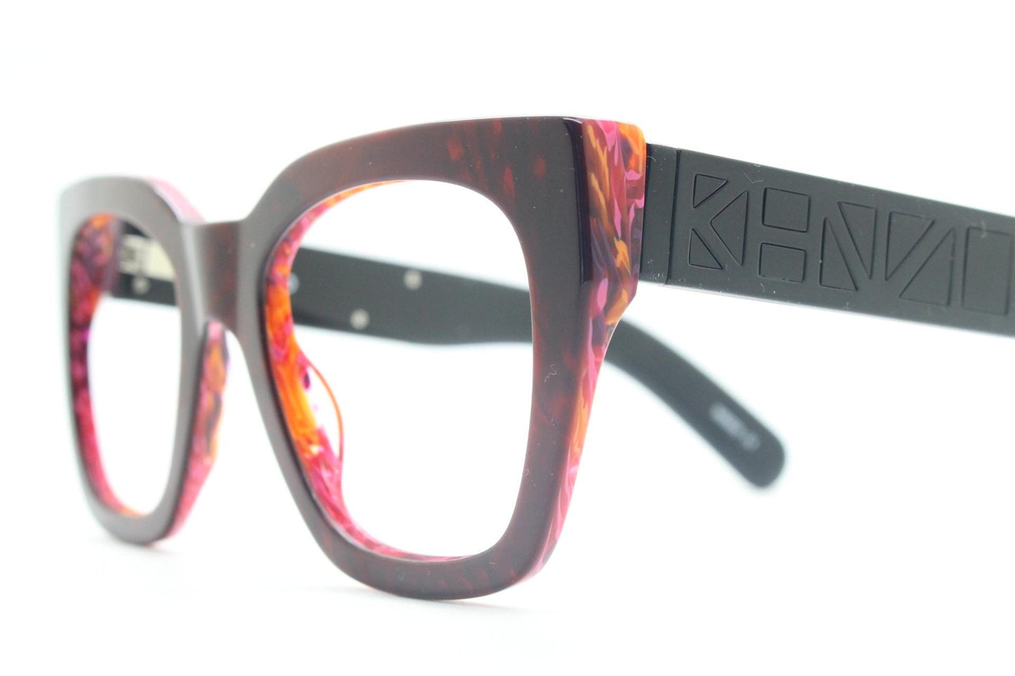 Kenzo vintage oversized chunky cat eye glasses. Big logo thick optical frame with dynamic red marble highlights. Womens RX. BNWT