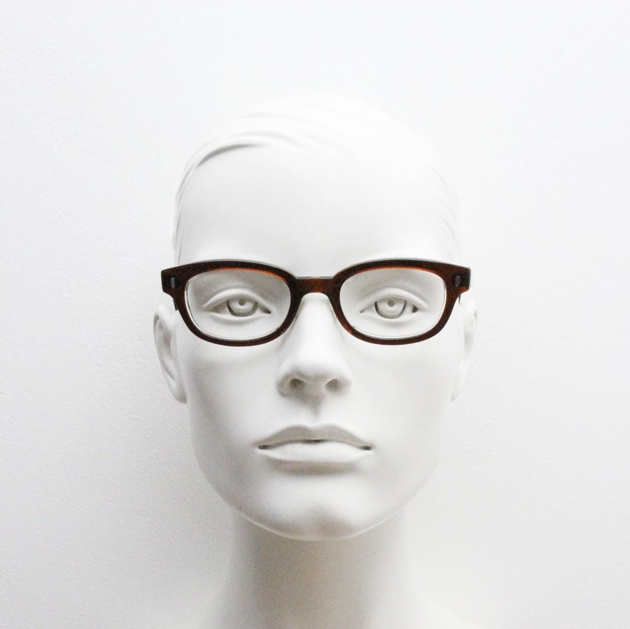 No Name eyewear rectangular low profile eye glasses. Quality brown gloss acetate optical frames. Prescription vintage RX spectacles