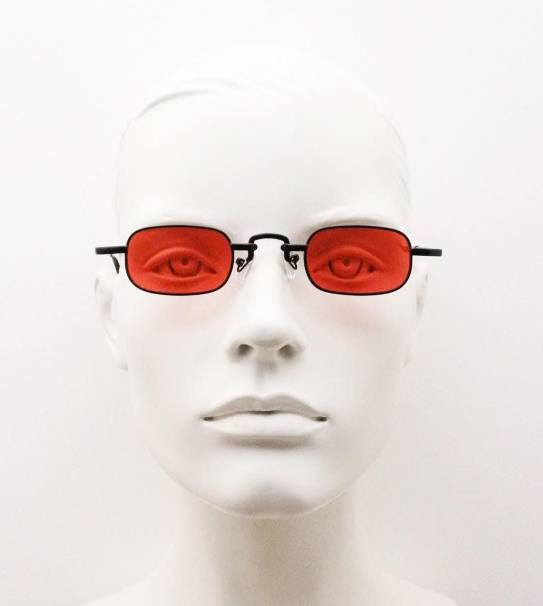 90s vintage small rectangular sunglasses. Imposing minimal black metal victorian style frame with deep red lenses. Unused BNWT