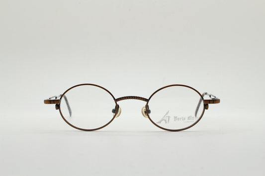 Paris Ma 90s vintage small oval eye glasses. Brushed bronze optical frames with charming arm details. Prescription. Steampunk spectacles NOS
