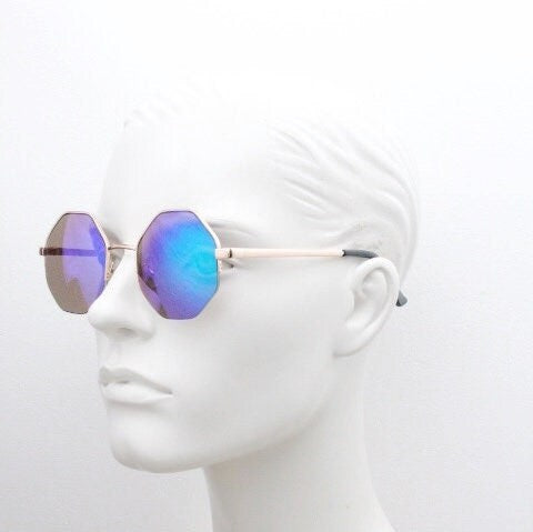 90s vintage octagon sunglasses. Petrol blue mirror 8 sided 60s design with minimal gold half frame. Hexagon. Unused NOS
