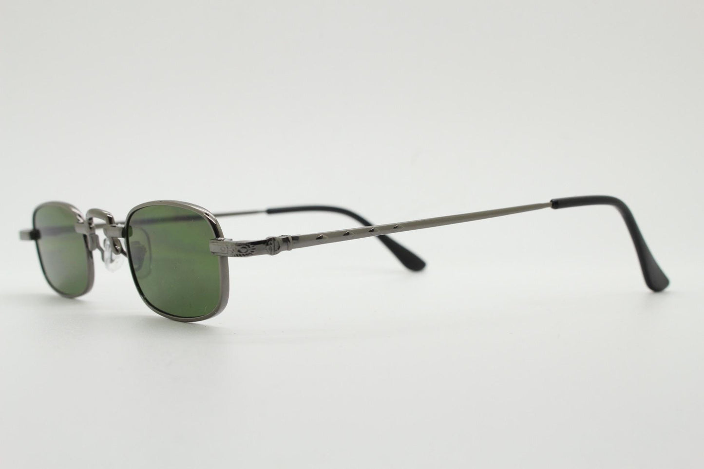 90s vintage small rectangular sunglasses. Imposing minimal gunmetal grey victorian style frame with green lenses. Steampunk. Unused NOS