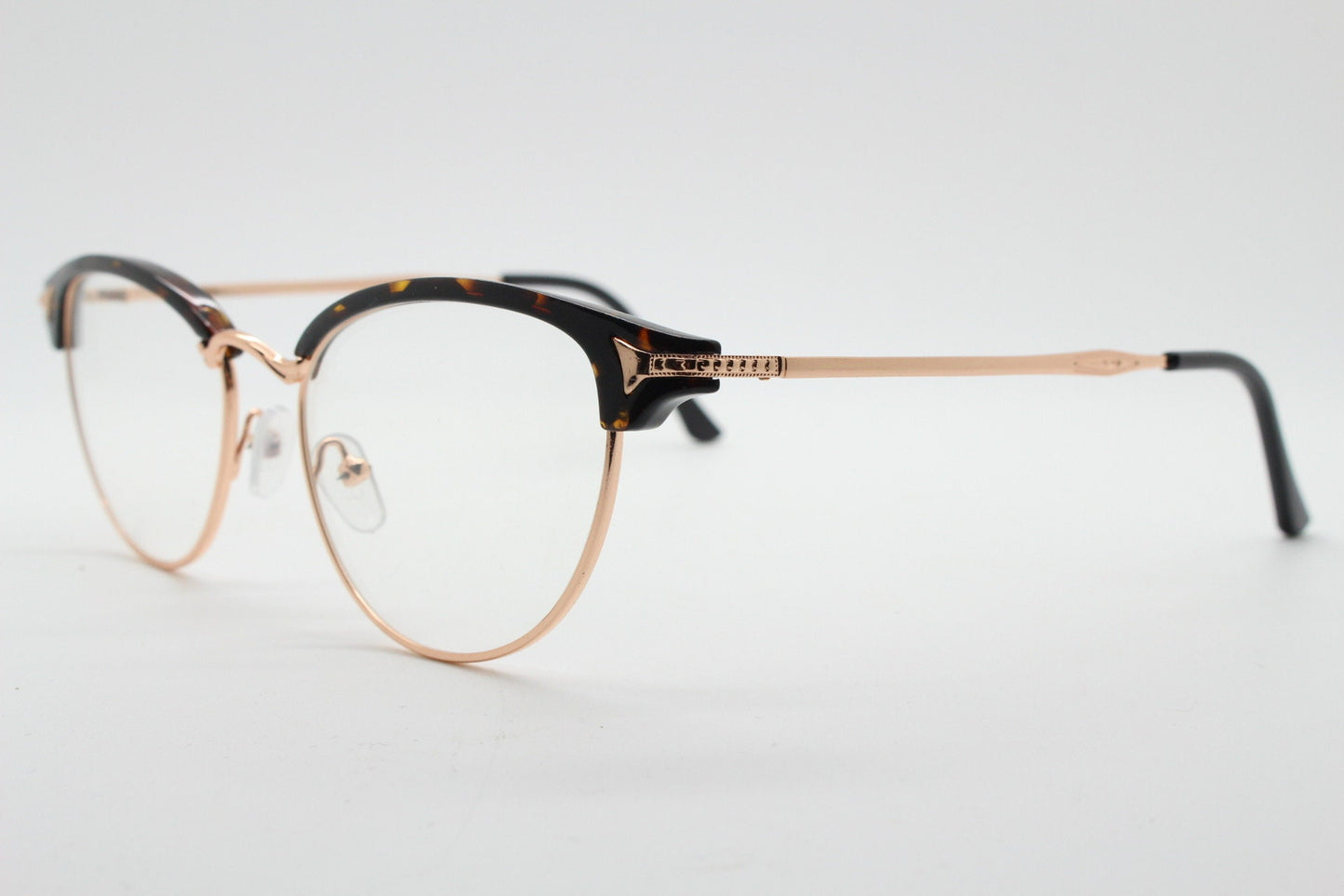 90s vintage browline cat eye glasses. Honey tortoise and gold half frame eyeglasses. 50s, 60s cateye design with clear lenses. NOS