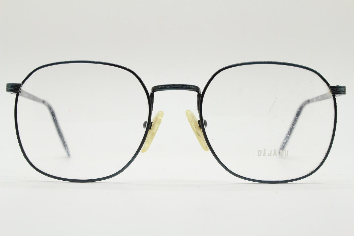Deja Vu 80s vintage square eye glasses made in Japan. Textured minimal navy metal optical frames. Prescription RX spectacles. Unused NOS