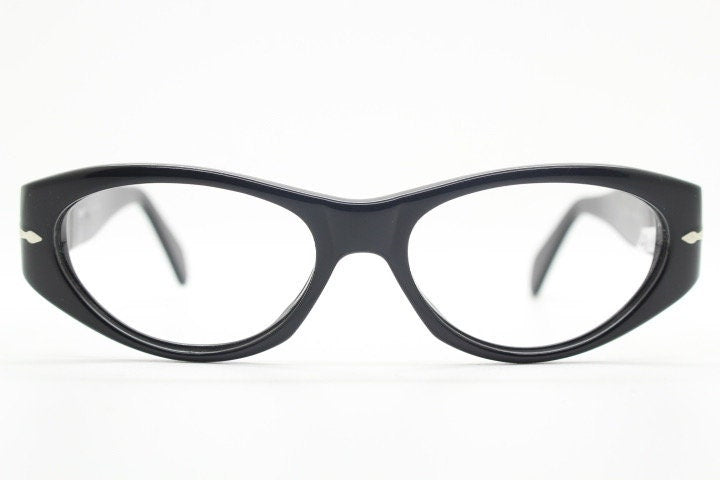 Persol cropped cat eye glasses. Plain Black gloss chunky acetate optical frame with big arms. Prescription eyeglasses. RX spectacles
