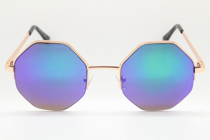 90s vintage octagon sunglasses. Petrol blue mirror 8 sided 60s design with minimal gold half frame. Hexagon. Unused NOS