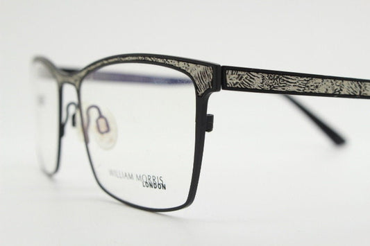 William Morris London rectangular eye glasses. Black matt flat metal optical frames with ornate silver pattern. Prescription RX eyeglasses.