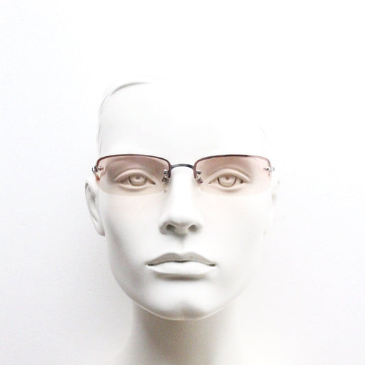 Y2K vintage wrap around rectangular sunglasses. Half frame in sharp chrome with extra light tone pink lenses. Rave 2000's. 00's NOS
