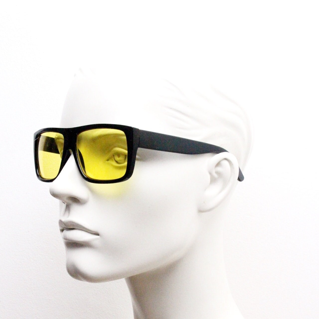 Y2K vintage square modified aviator sunglasses. Classic 70s style aviators in black gloss frame with bright yellow lenses. Unused NOS