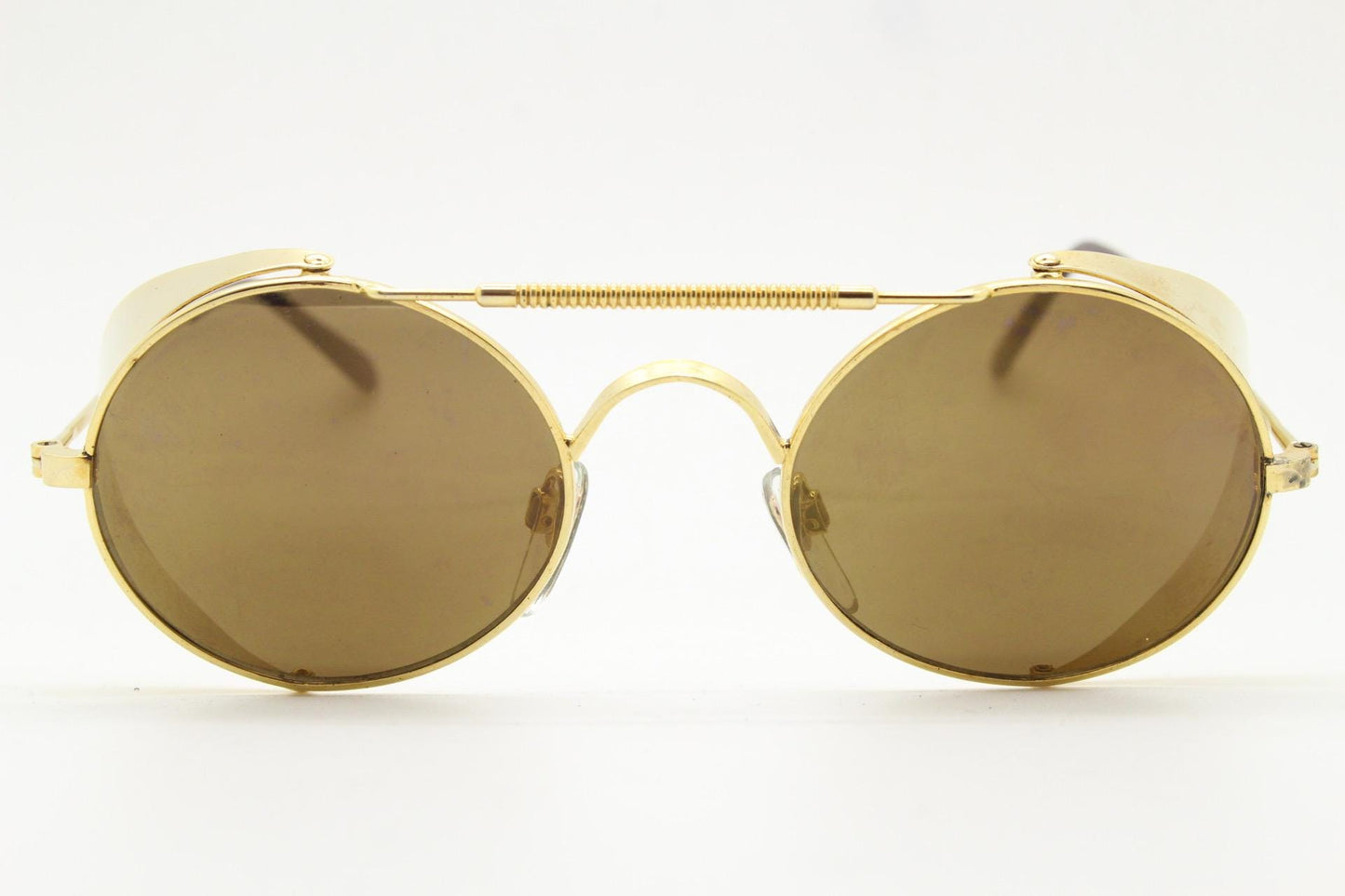 Farrows by Linda Farrow vintage 80s goggle sunglasses model 365. Gold chrome glacier design with matching mirror lenses. Blinkers. NOS
