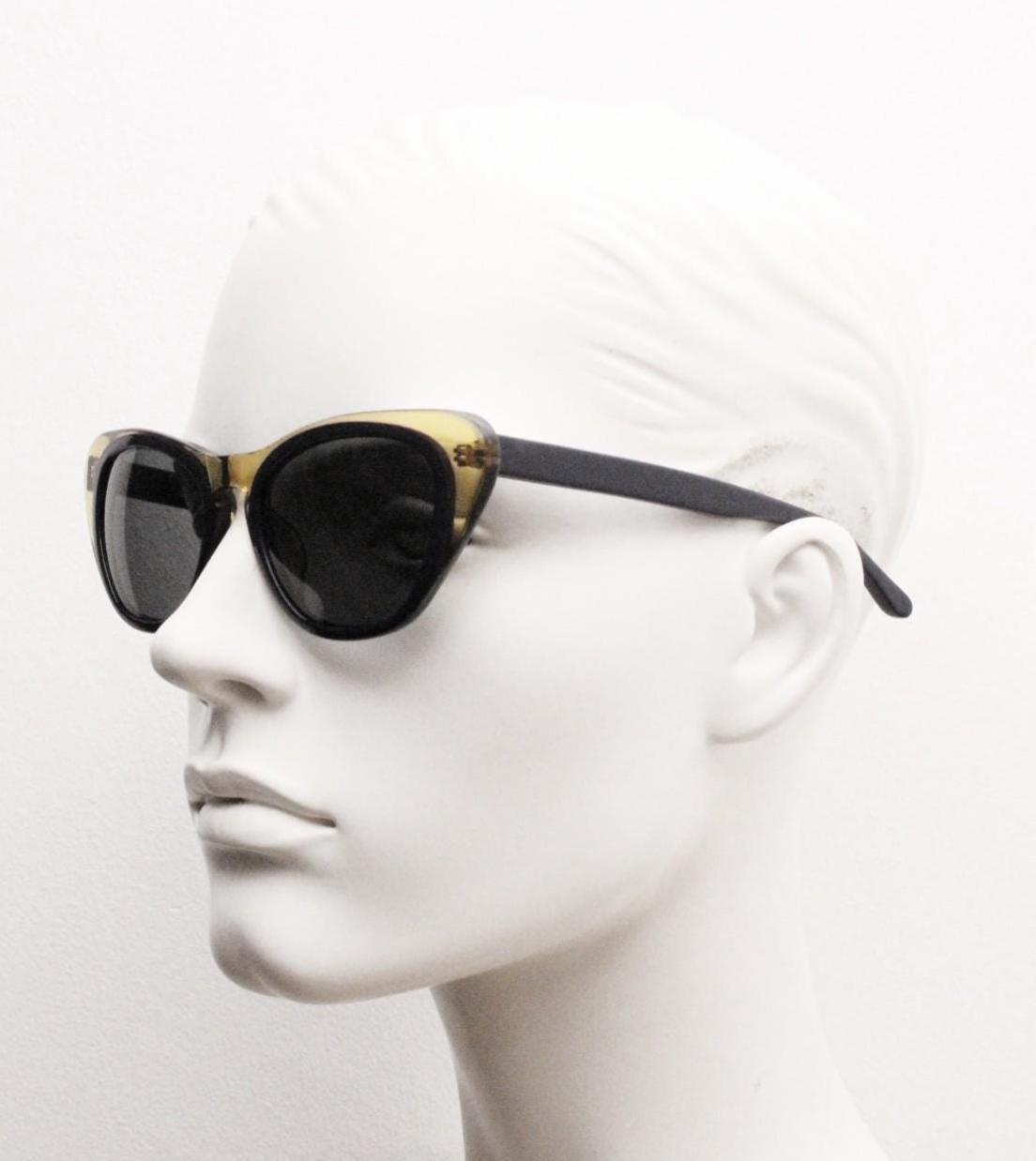 Linda Farrow cat eye sunglasses made in Japan by Erdem. Black with transparent amber outline. Luxe Gallery Projects Vintage. NOS Full Set
