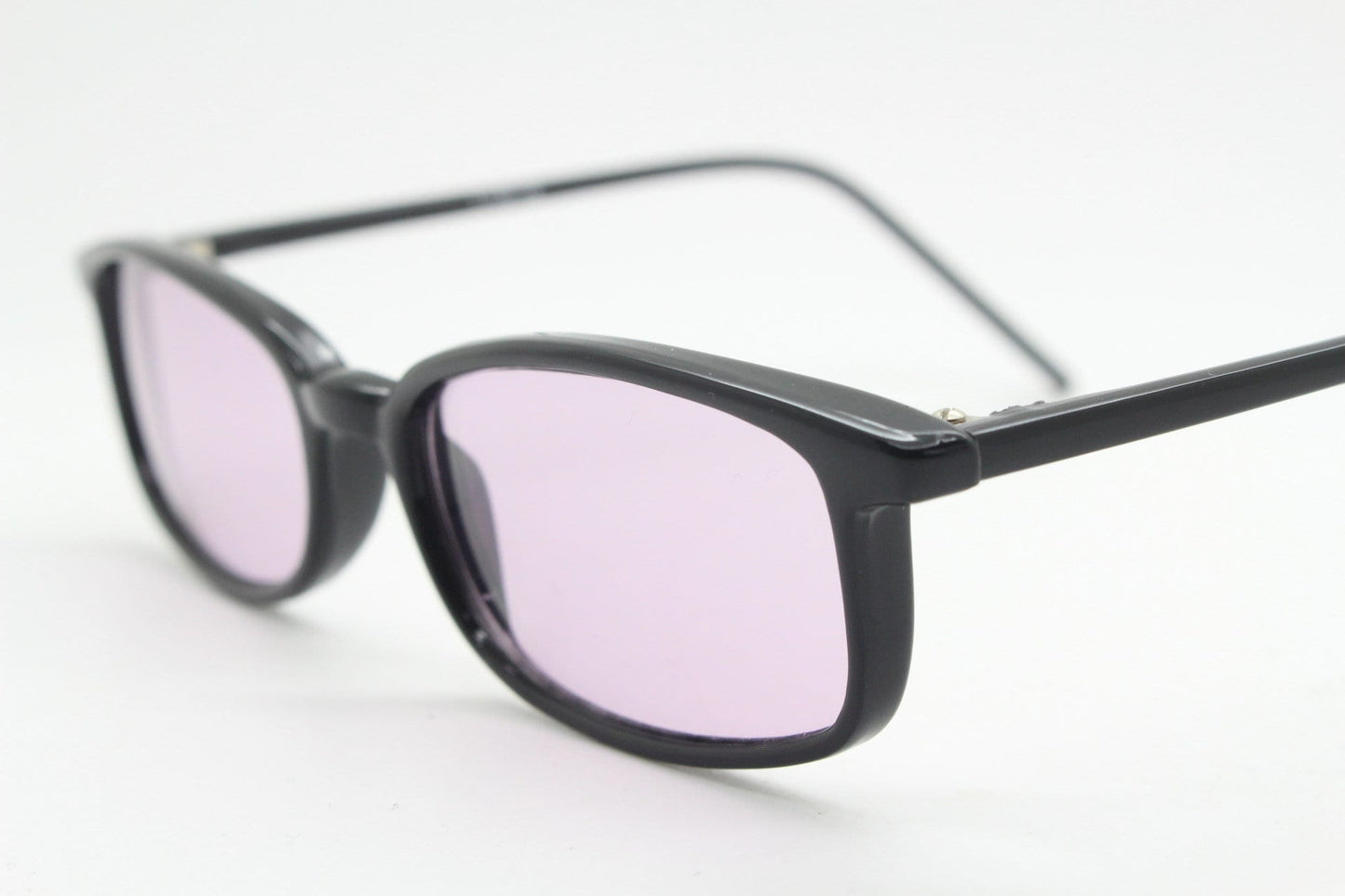 90s vintage rectangular sunglasses. Slim low profile black gloss frame with extra light tone lilac purple lenses. Y2K 2000s. BNWT Unused NOS