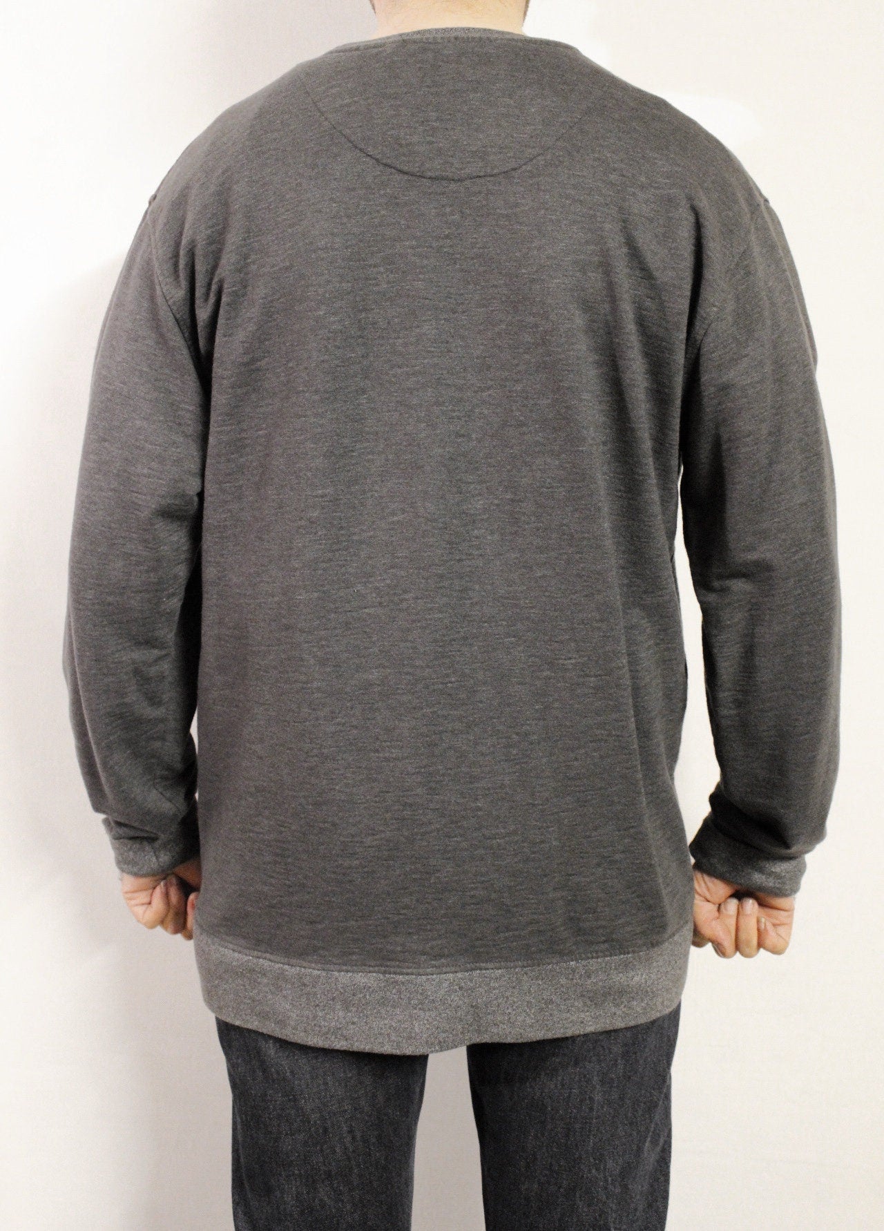 Vintage dark and light grey sweatshirt. Mens crew neck pullover with abstract skull print. Round neck jumper top