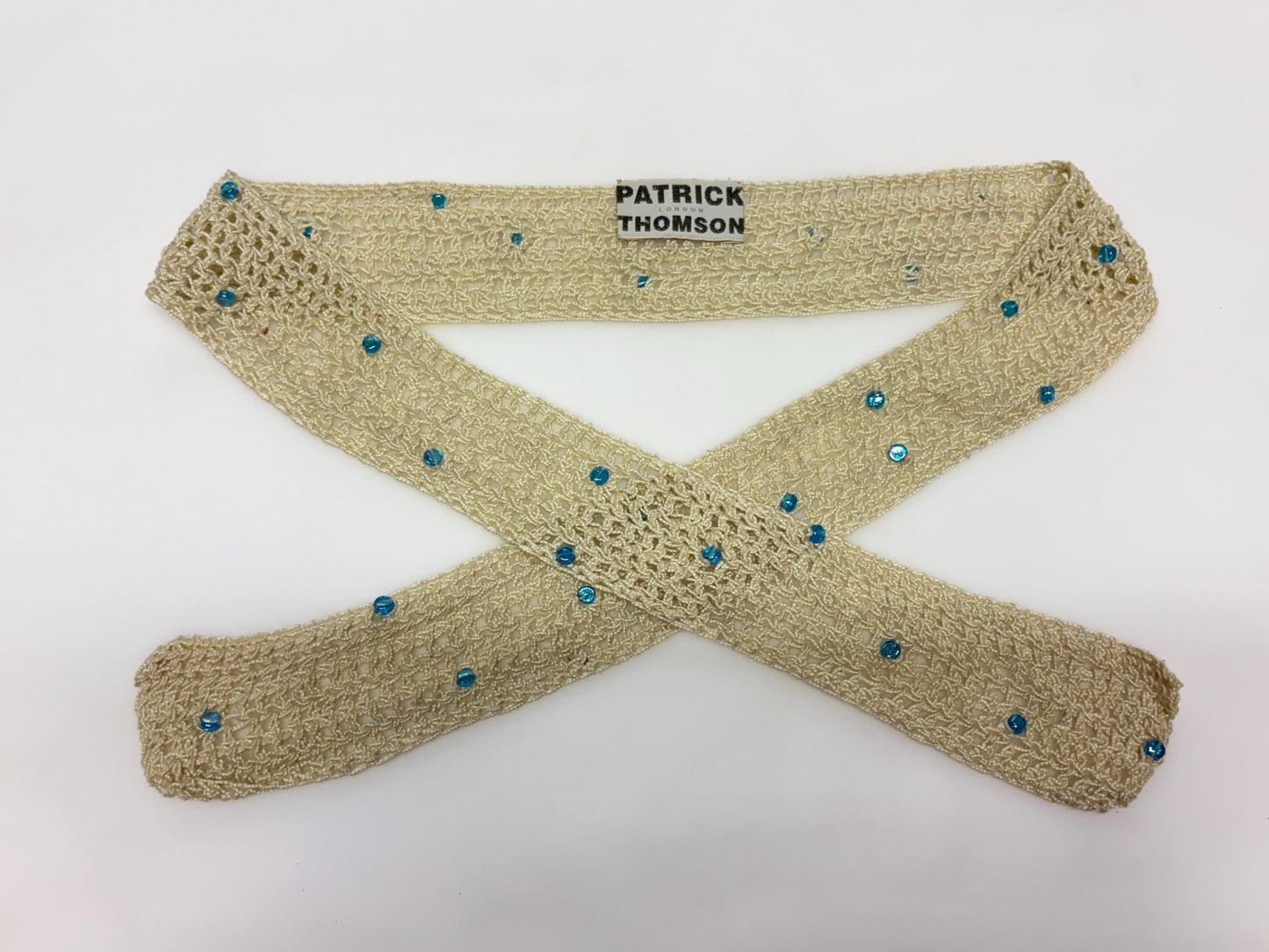 Patrick Thompson beige Y2K vintage womens crochet sash belt. 2000s feature bow tie design for a dress. Hand made. Unused NOS. BNWT